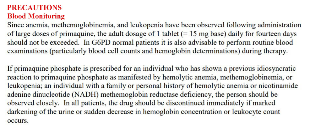 Precautions with primaquine